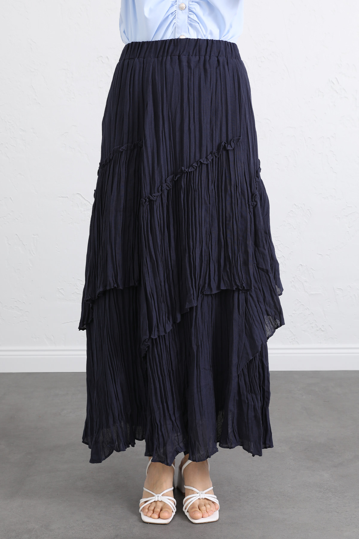 Lastik Bel Katlı Kraş Etek 2057 - LACİVERT |  