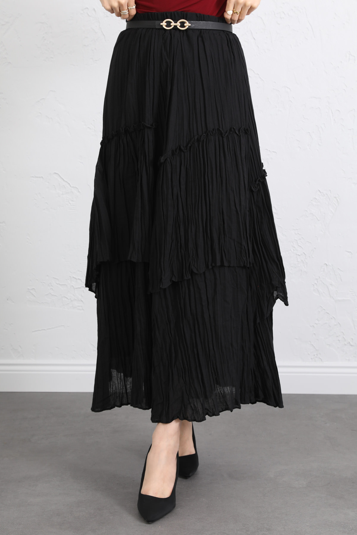 Lastik Bel Katlı Kraş Etek 2057 - SİYAH |  