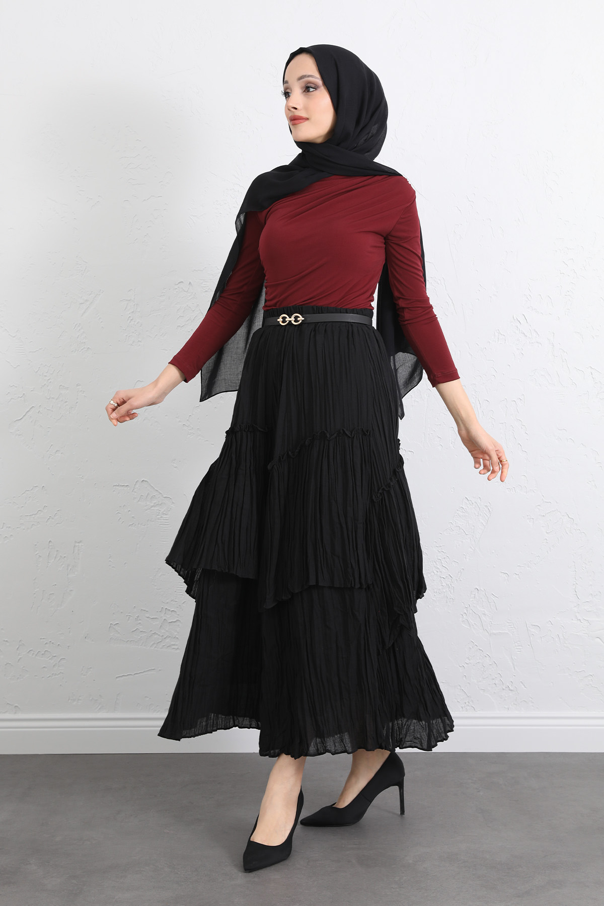 Lastik Bel Katlı Kraş Etek 2057 - SİYAH |  