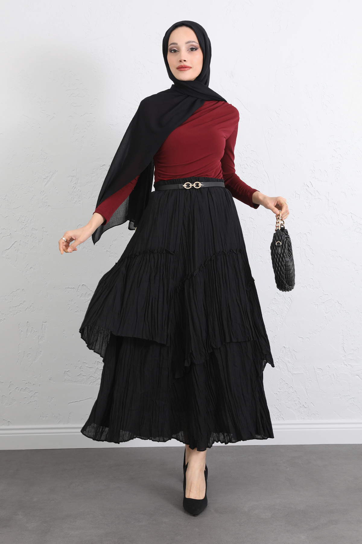 Lastik Bel Katlı Kraş Etek 2057 - SİYAH |  