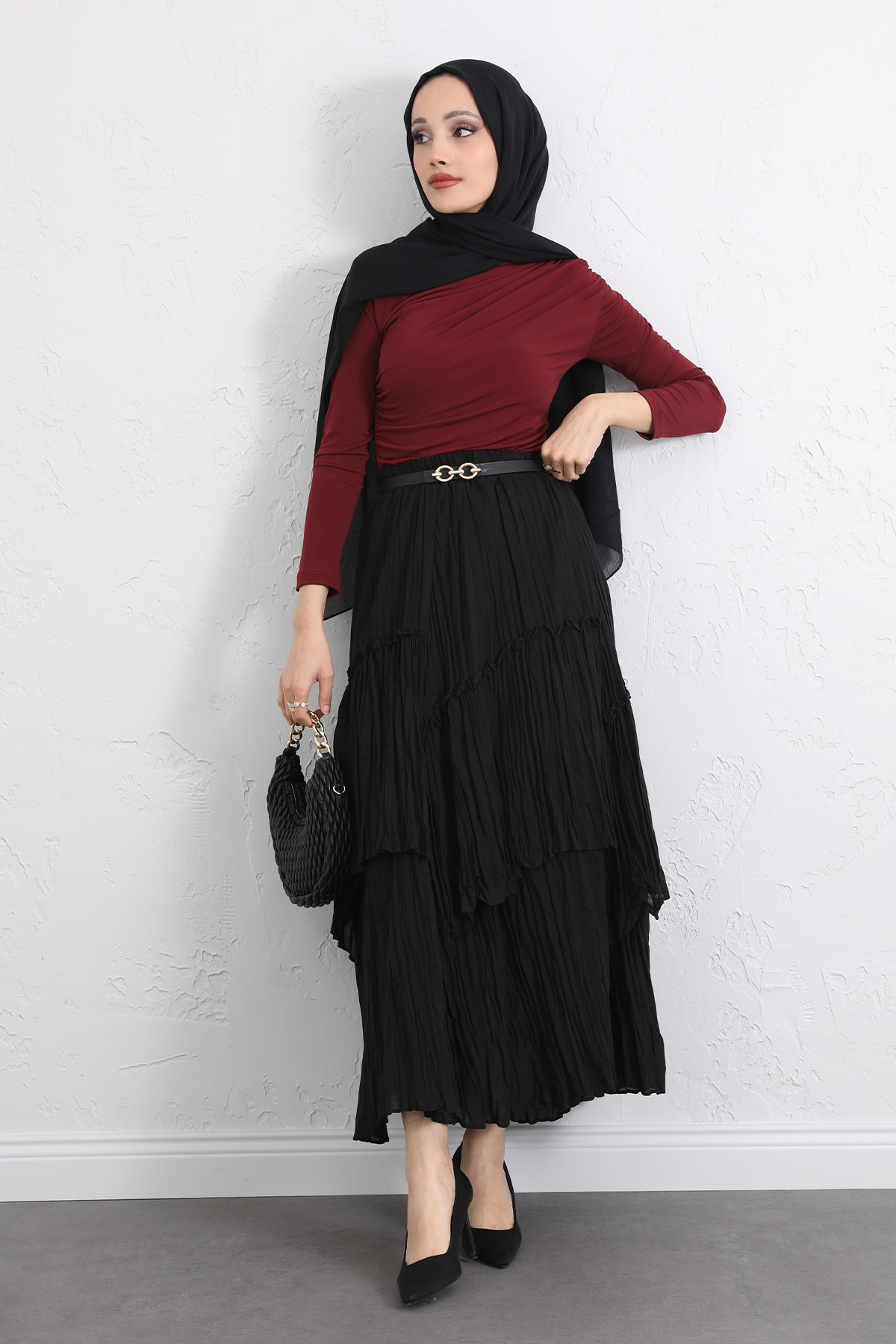 Lastik Bel Katlı Kraş Etek 2057 - SİYAH |  