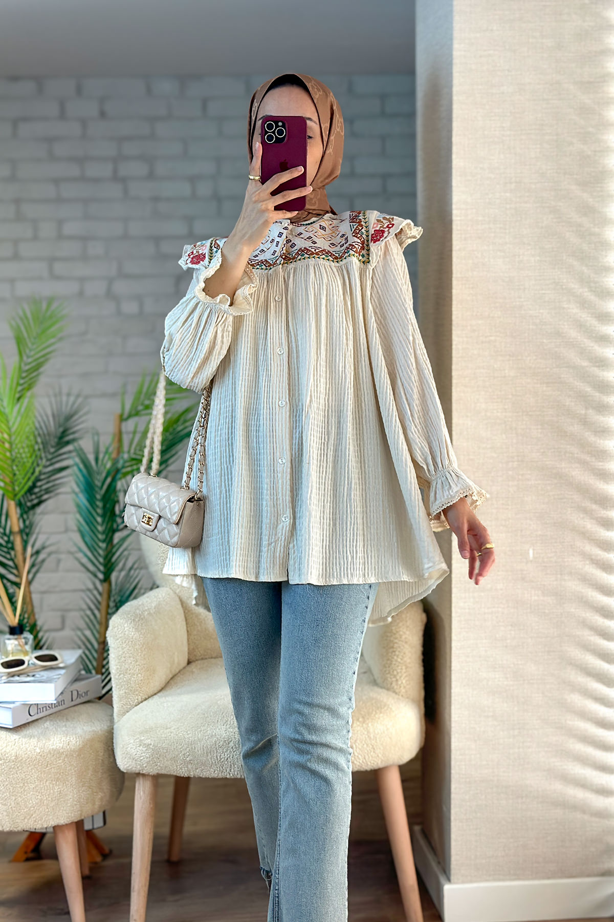 Etamin Nakışlı Tunik 2099 - KREM |  