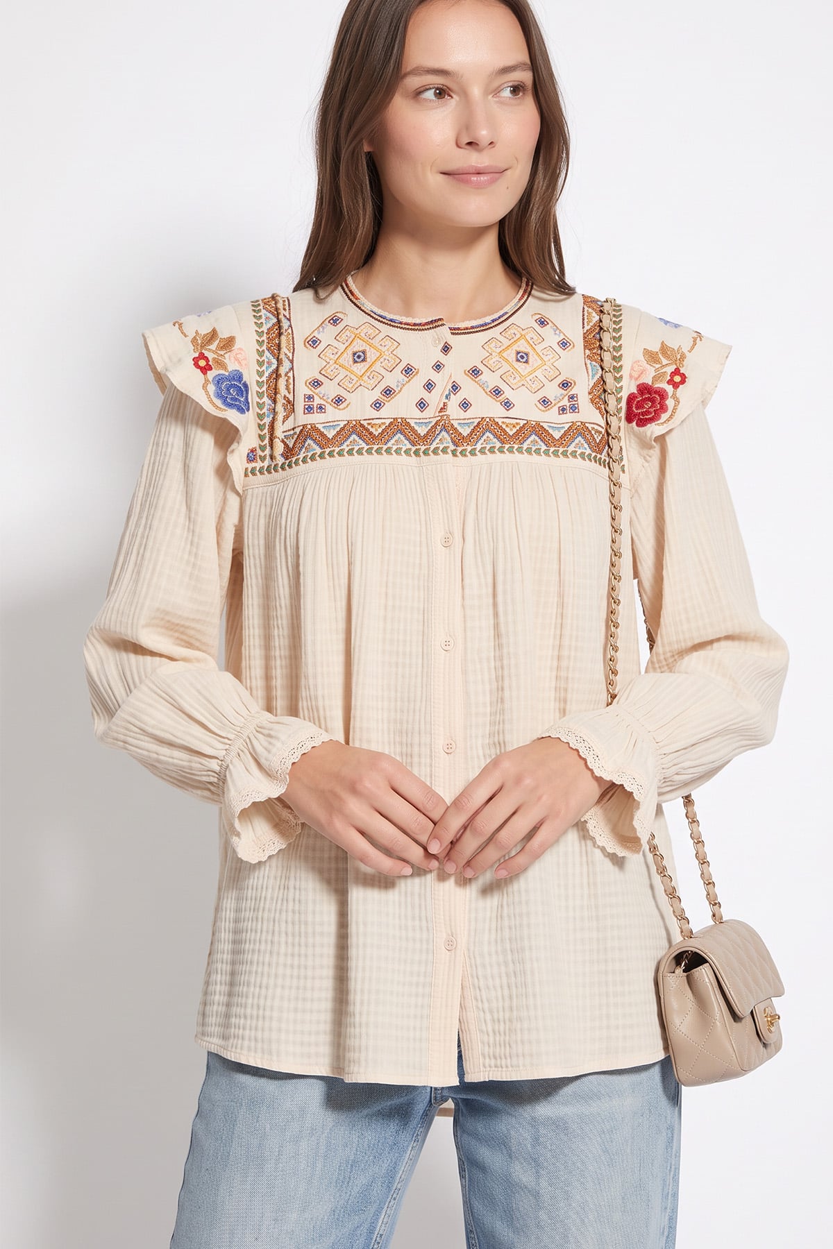 Etamin Nakışlı Tunik 2099 - KREM | zenne.com 