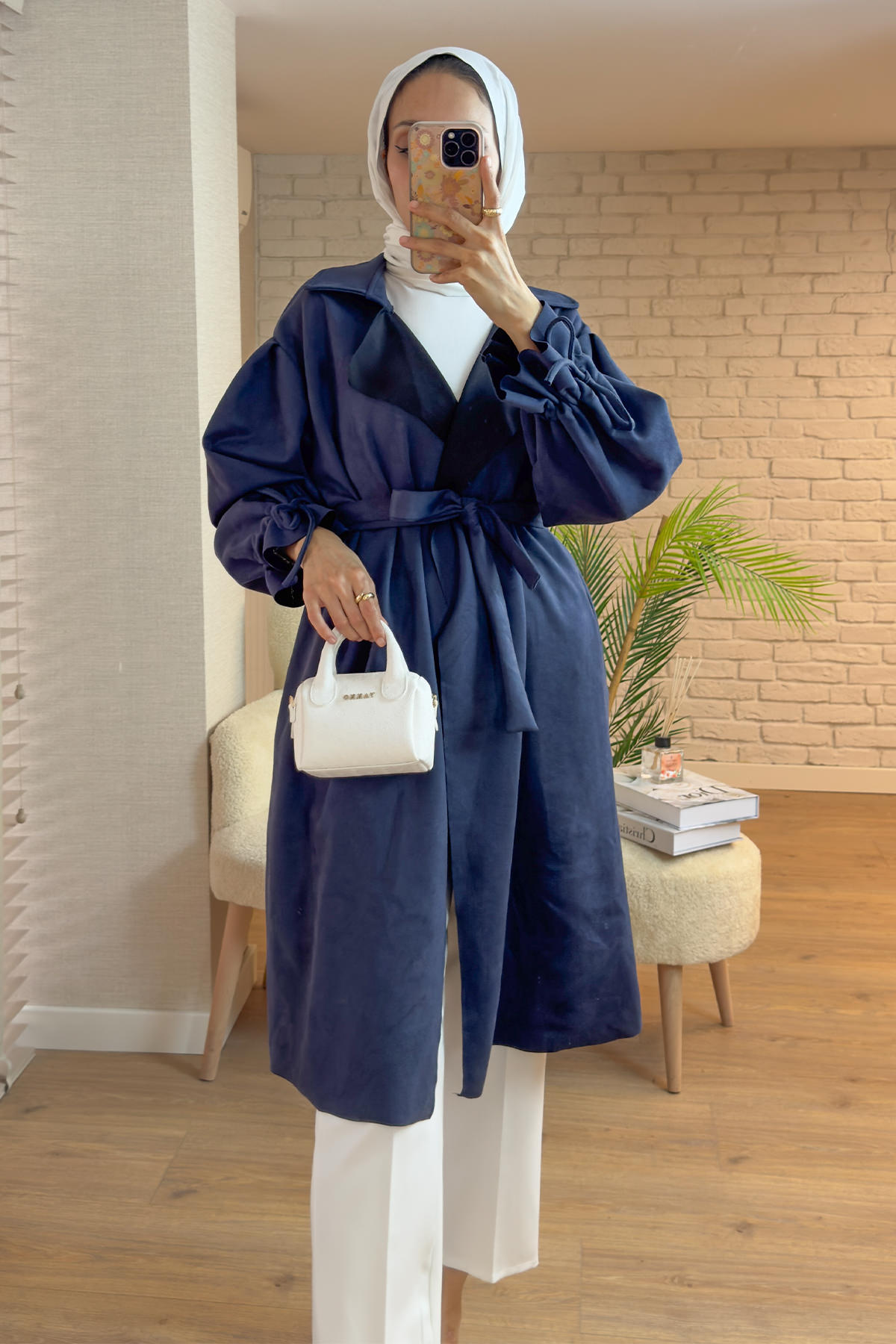 2160 Kuşak Detaylı Süet Kap - LACİVERT |  