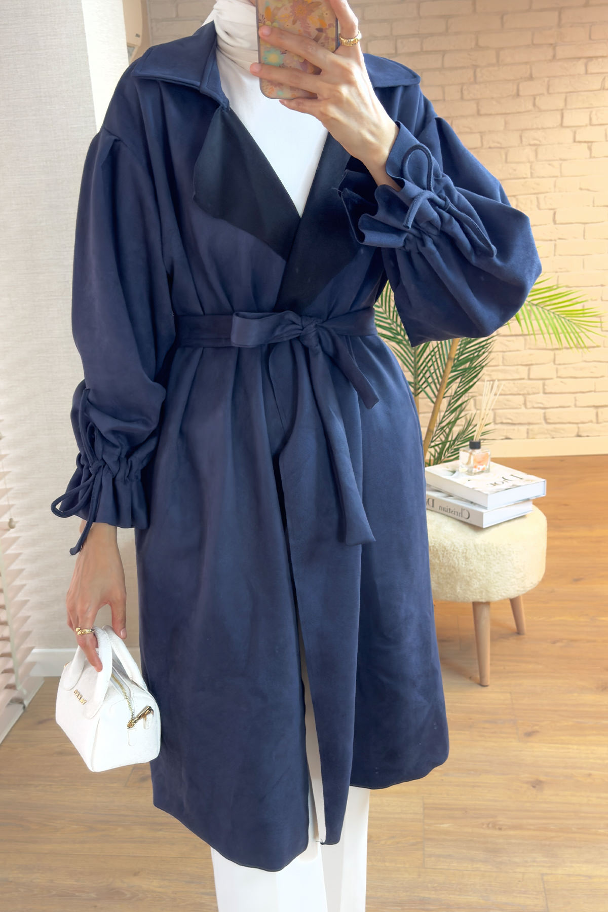 2160 Kuşak Detaylı Süet Kap - LACİVERT |  