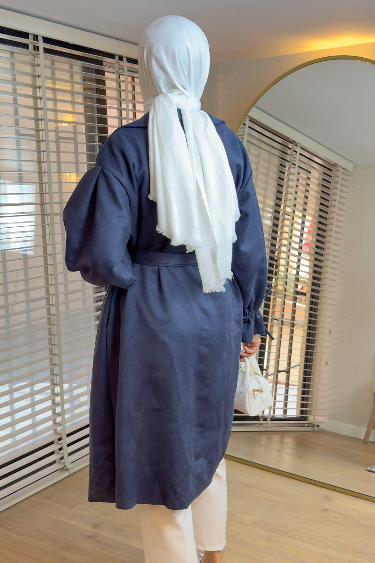 2160 Kuşak Detaylı Süet Kap - LACİVERT |  