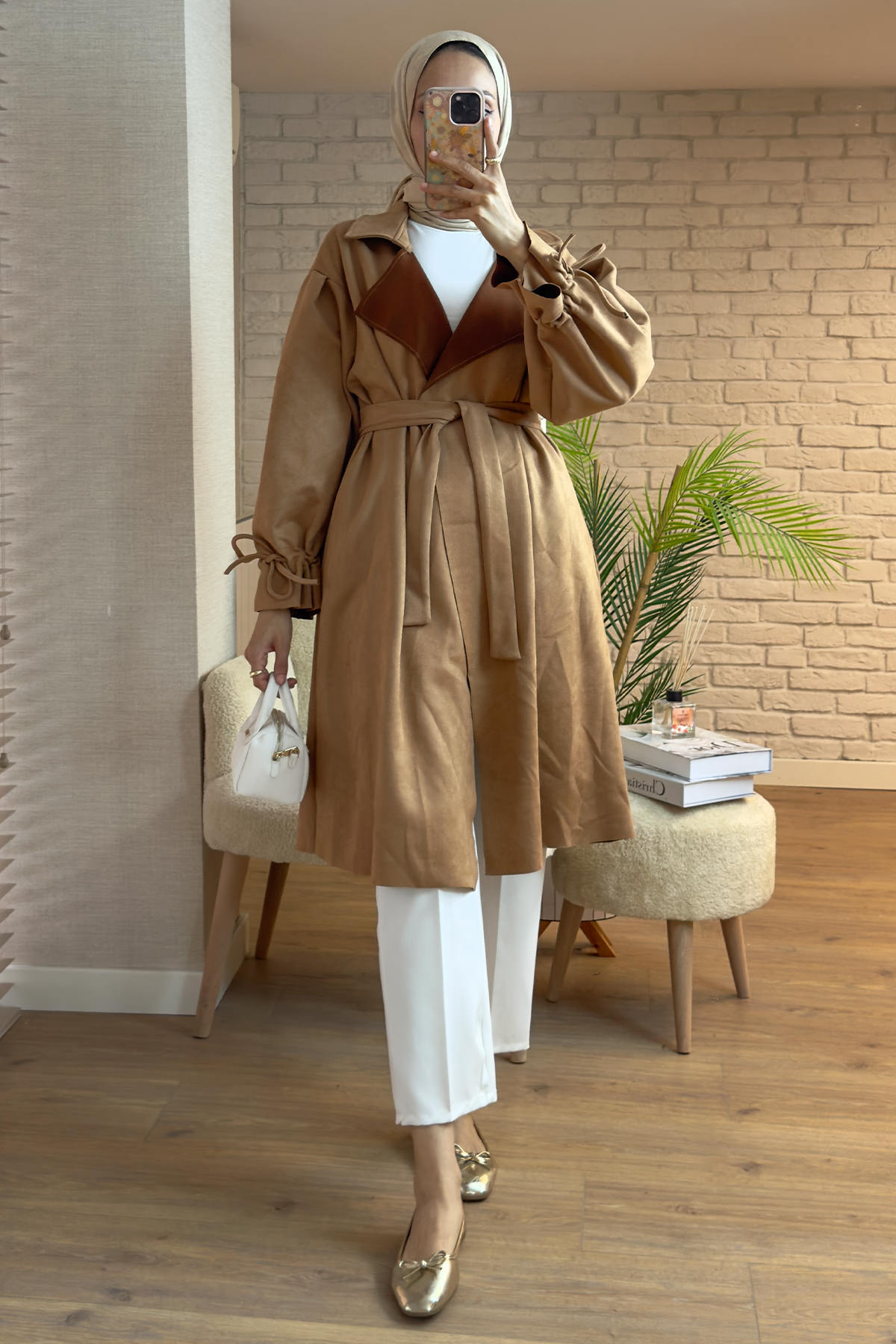 2160 Kuşak Detaylı Süet Kap - TABA |  