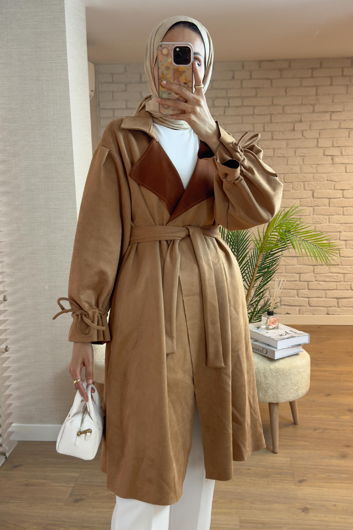 2160 Kuşak Detaylı Süet Kap - TABA |  