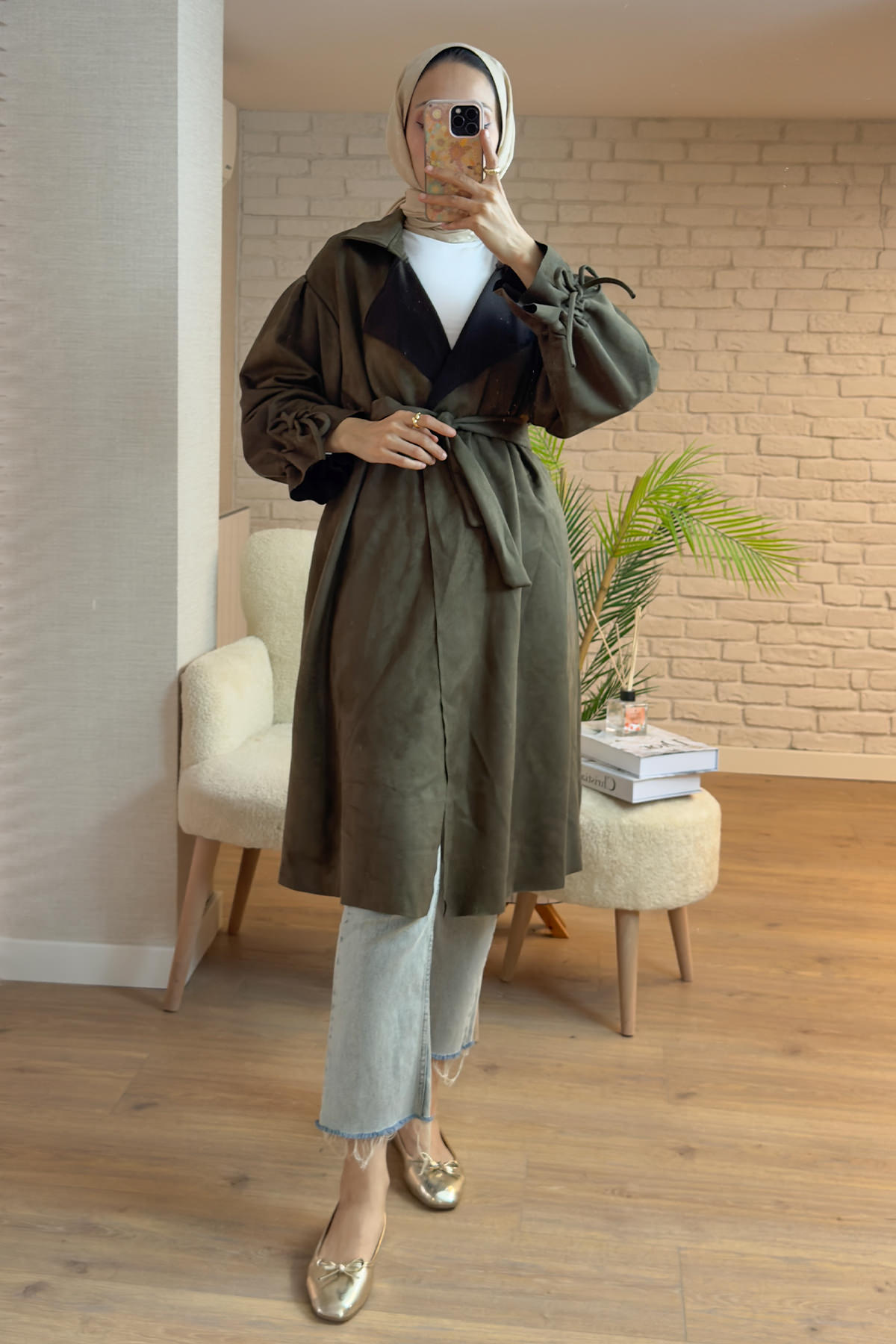 2160 Kuşak Detaylı Süet Kap - HAKİ |  