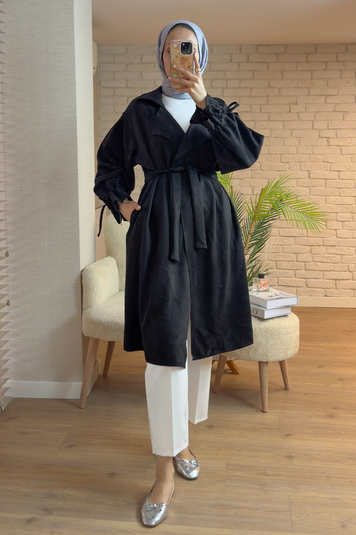 2160 Kuşak Detaylı Süet Kap - SİYAH |  