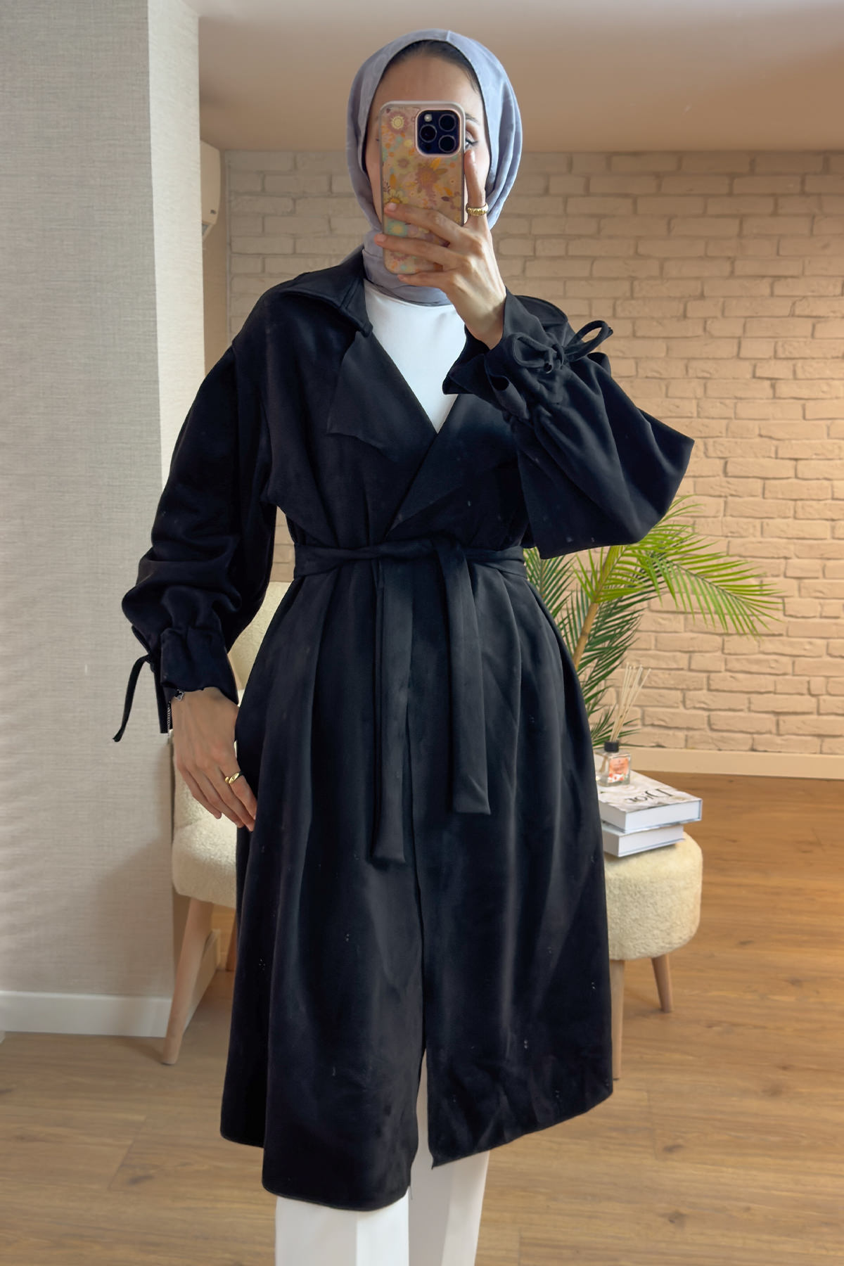 2160 Kuşak Detaylı Süet Kap - SİYAH |  