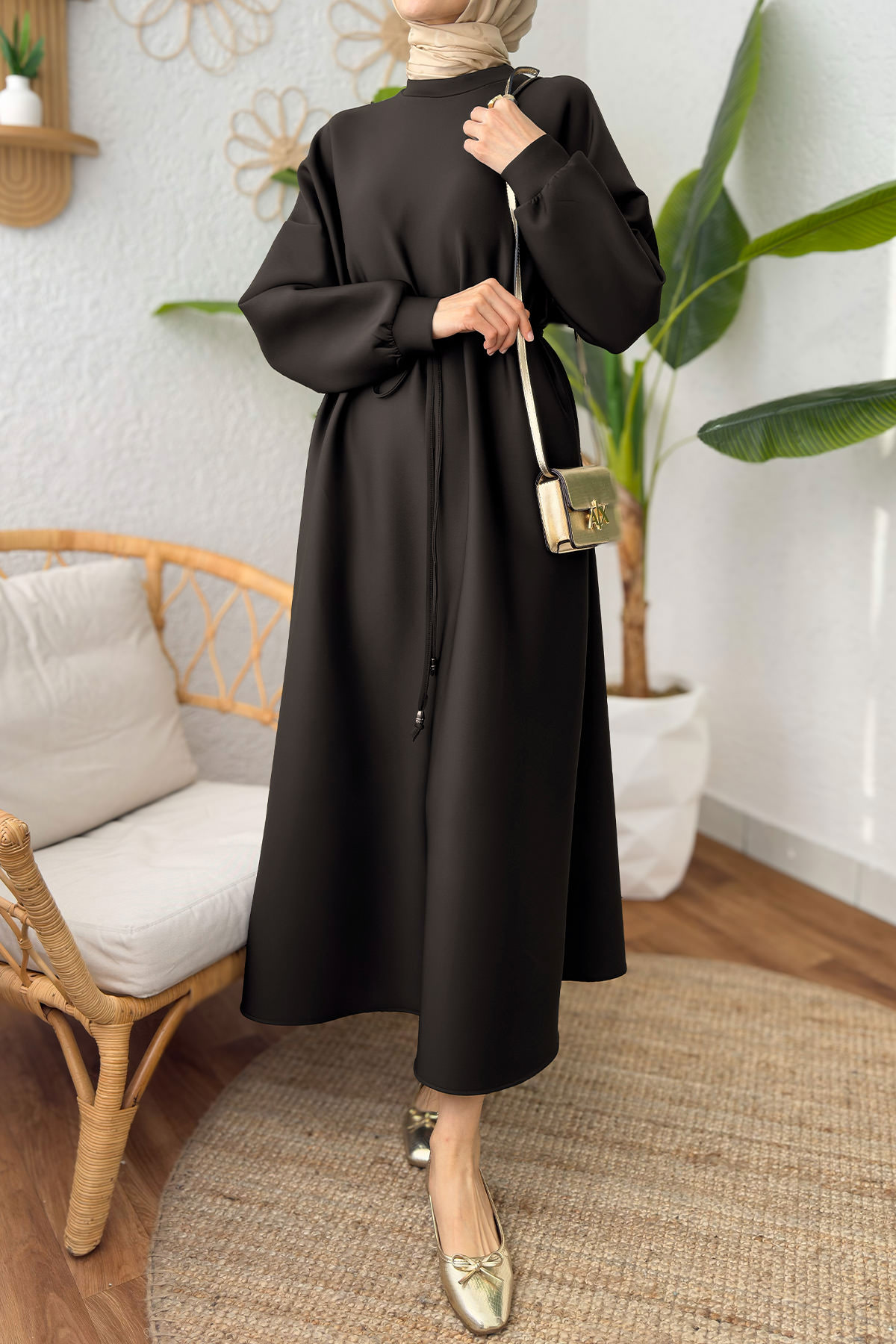 Elegance Scuba Elbise 2211 - ACI KAHVE |  