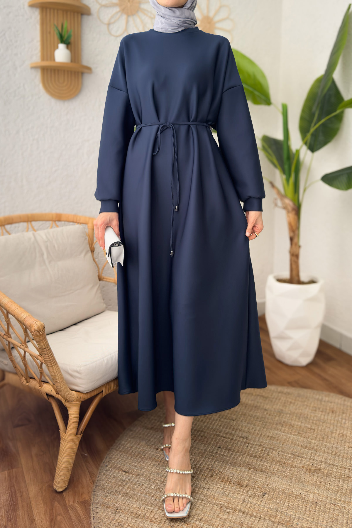 İp Kuşaklı Scuba Elbise 2211 - LACİVERT |  