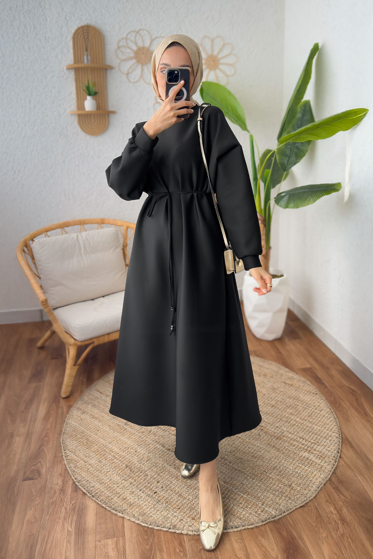 İp Kuşaklı Scuba Elbise 2211 - SİYAH |  