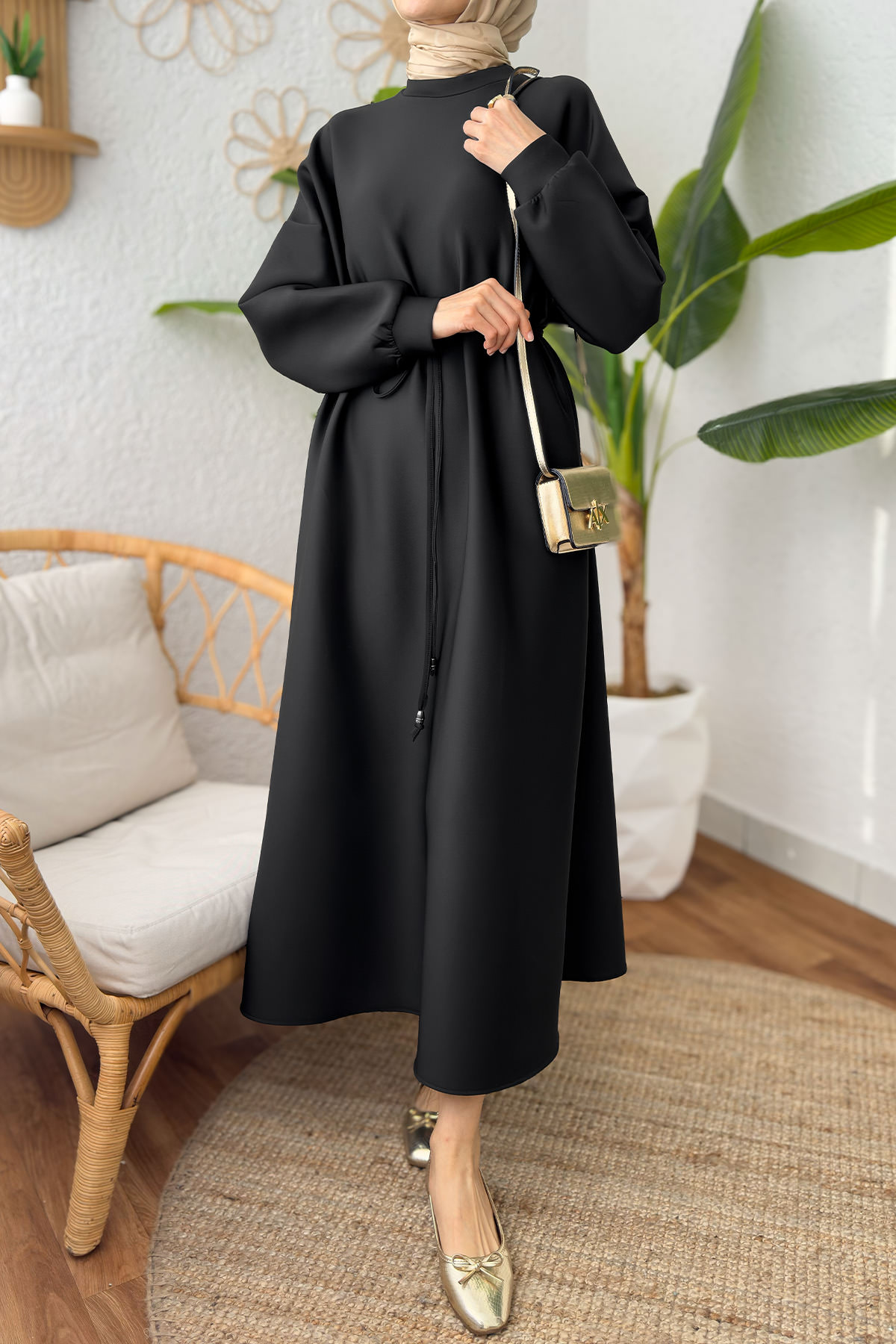 İp Kuşaklı Scuba Elbise 2211 - SİYAH |  