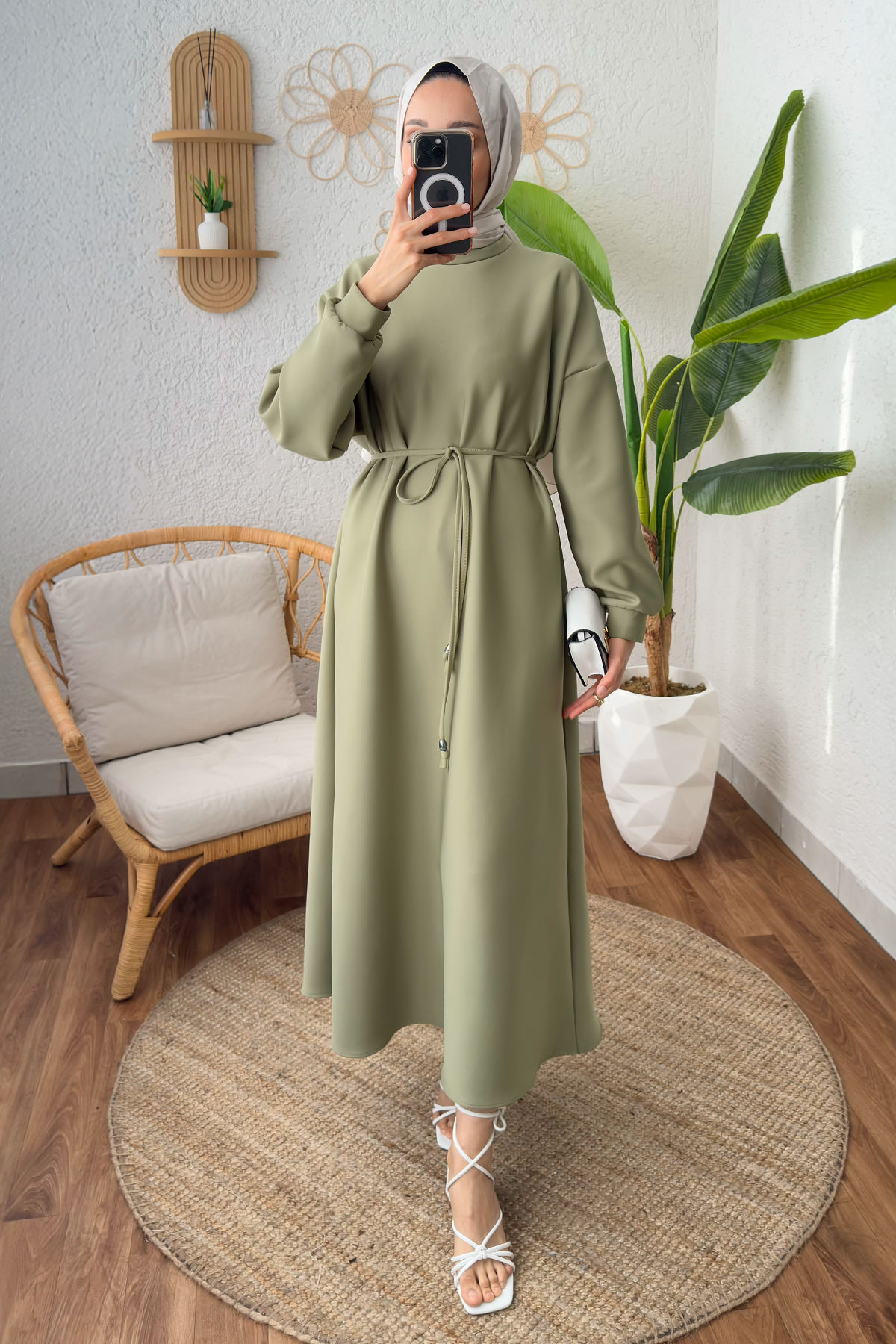 İp Kuşaklı Scuba Elbise 2211 - AÇIK HAKİ |  