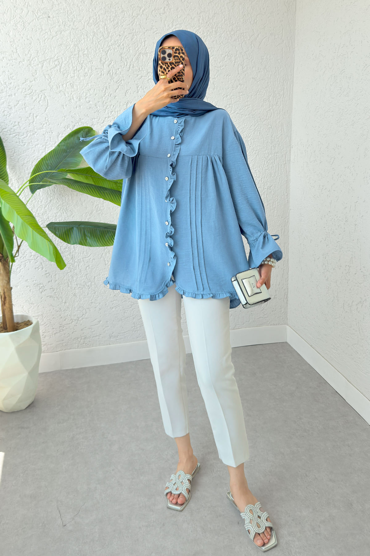 Nervürlü Fırfırlı Tunik 2322 - MAVİ |  