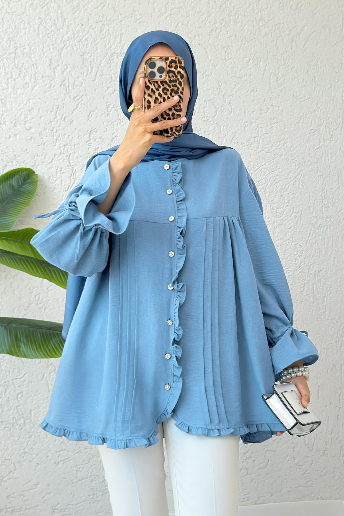 Nervürlü Fırfırlı Tunik 2322 - MAVİ |  