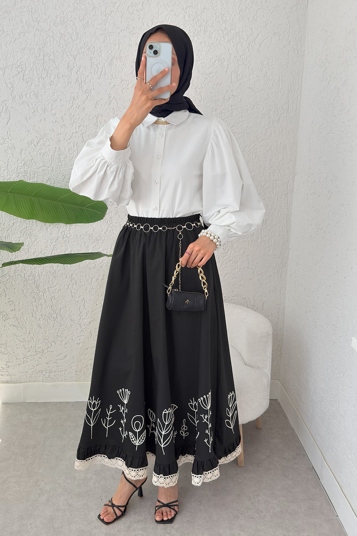Fisto ve Nakış Detaylı Etek 2329 - SİYAH | zenne.com 