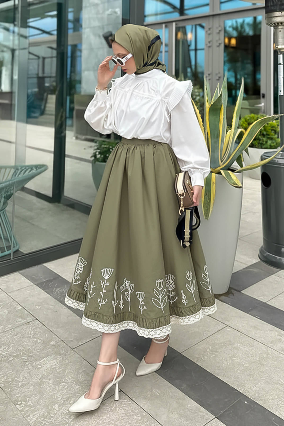 Fisto ve Nakış Detaylı Etek 2329 - HAKİ |  