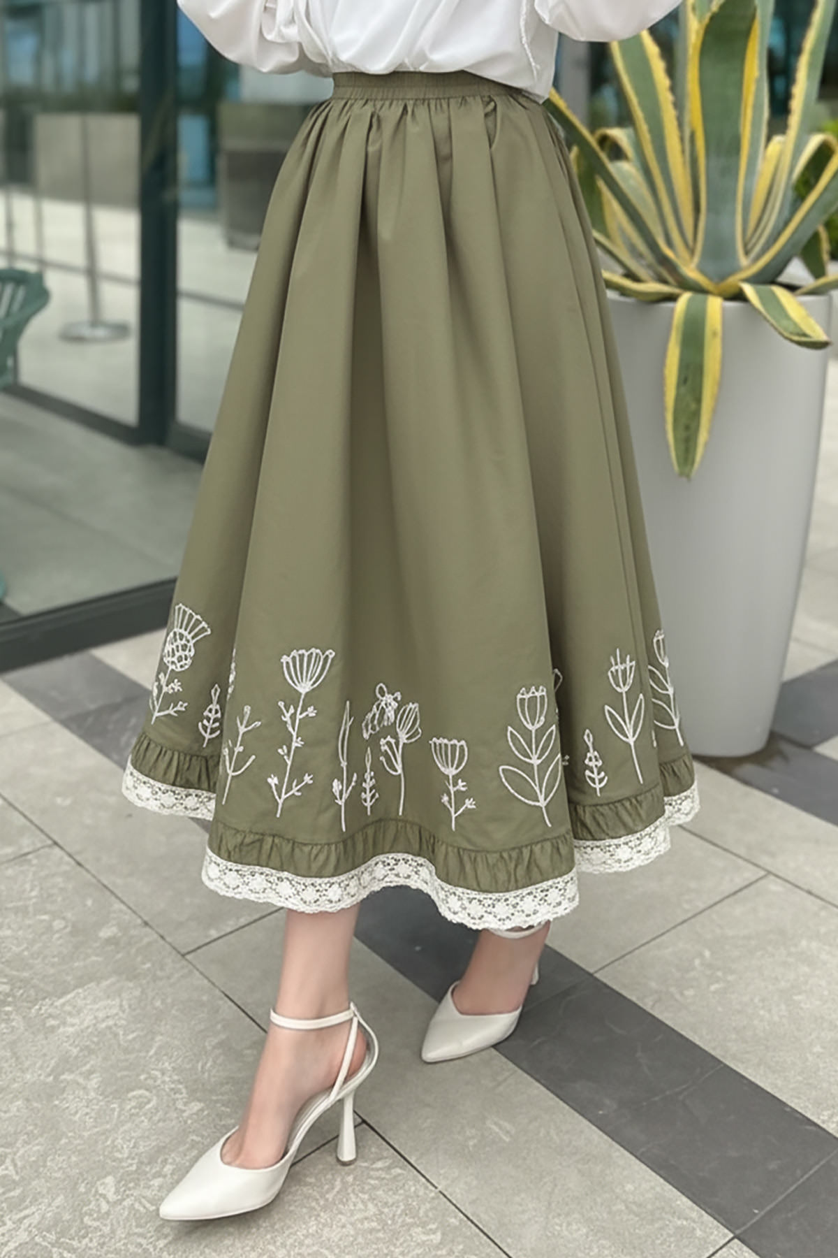 Fisto ve Nakış Detaylı Etek 2329 - HAKİ |  