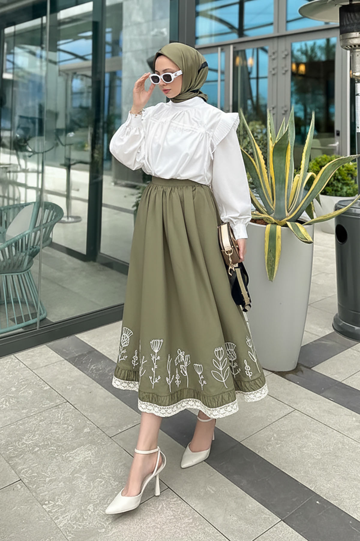 Fisto ve Nakış Detaylı Etek 2329 - HAKİ |  