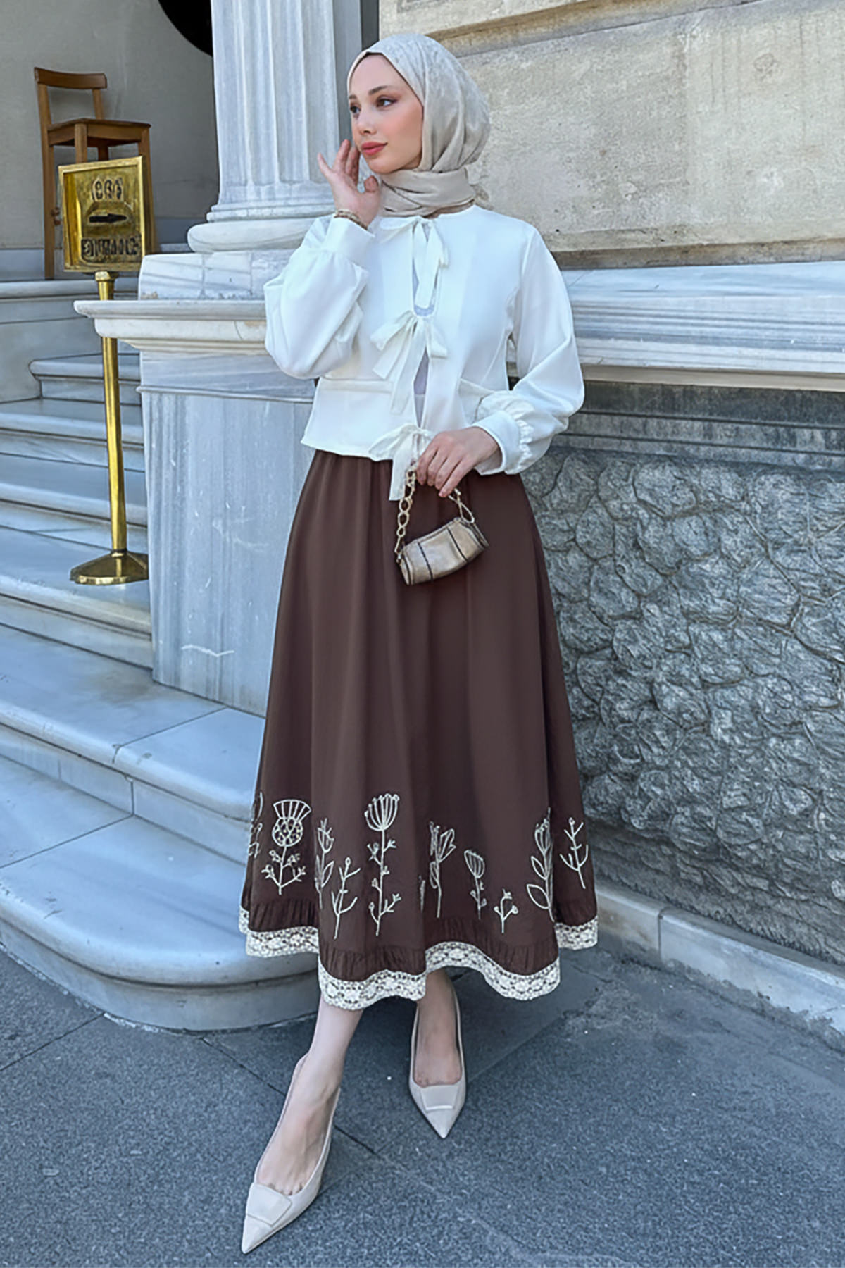 Fisto ve Nakış Detaylı Etek 2329 - KAHVERENGİ |  
