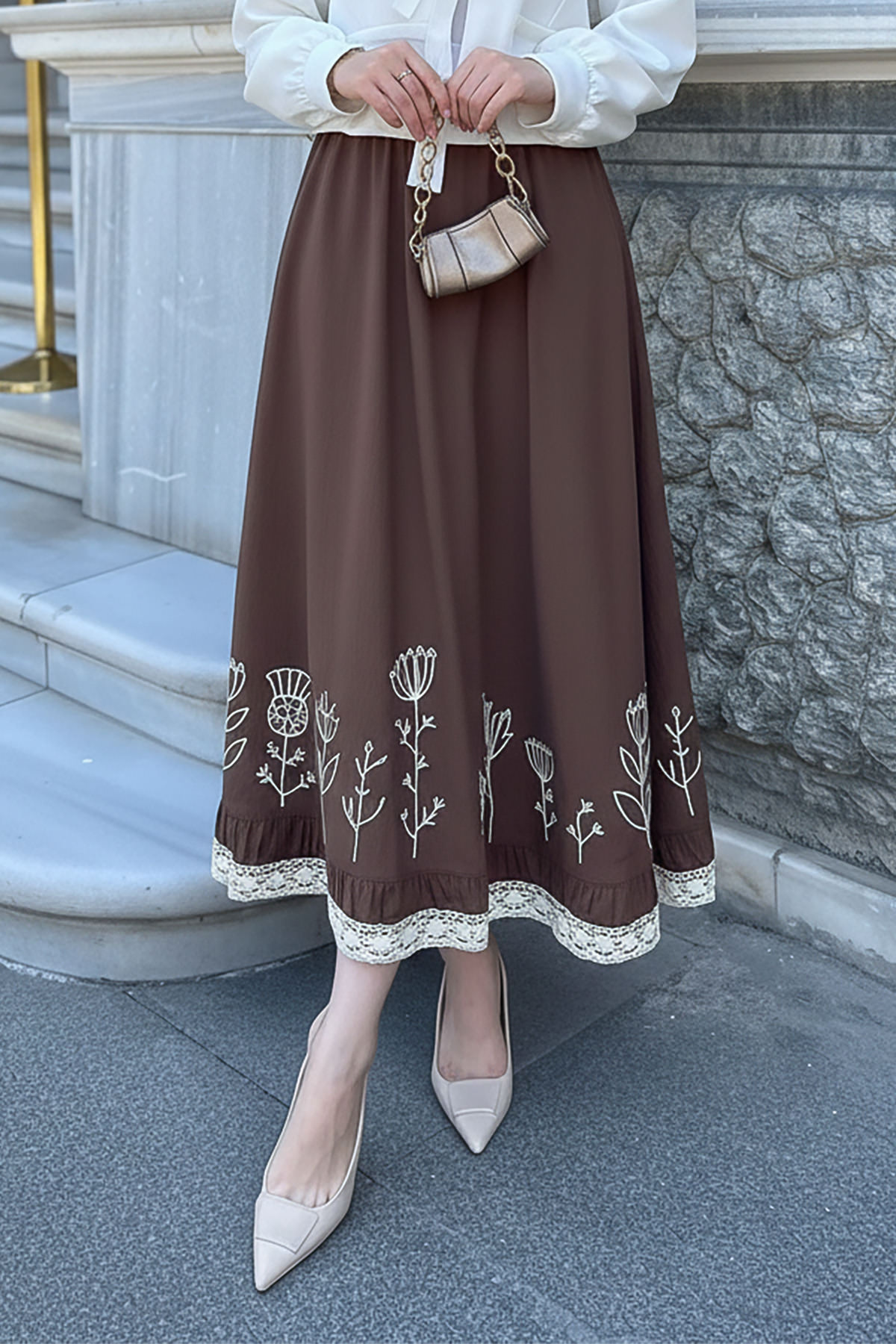 Fisto ve Nakış Detaylı Etek 2329 - KAHVERENGİ |  