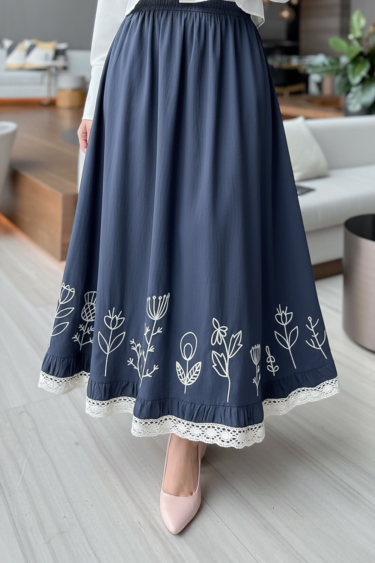 Fisto ve Nakış Detaylı Etek 2329 - LACİVERT |  