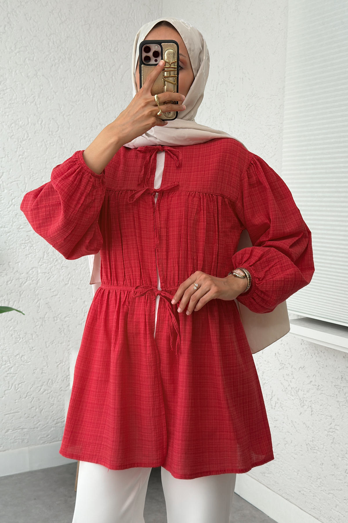 Ön Büzgülü Uzun Tunik 2338 - KIRMIZI |  