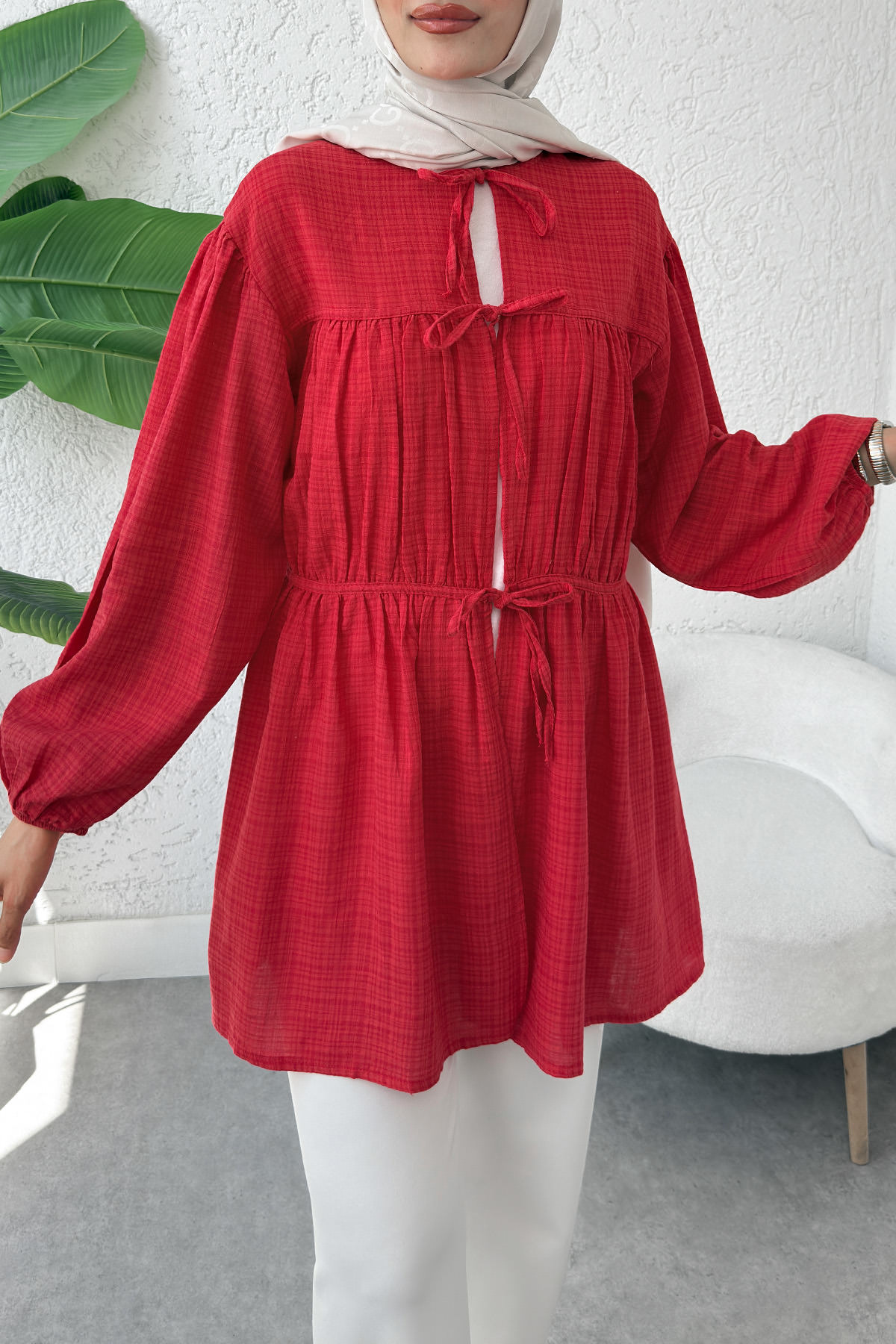 Ön Büzgülü Uzun Tunik 2338 - KIRMIZI |  