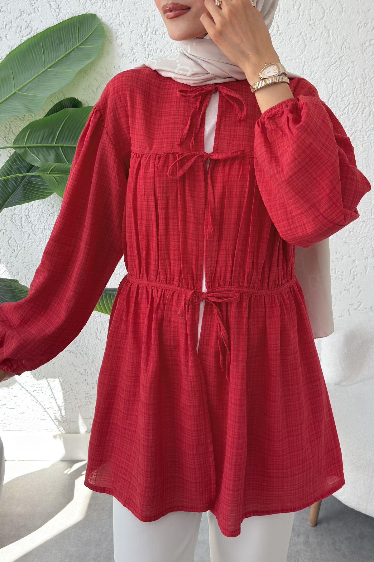 Ön Büzgülü Uzun Tunik 2338 - KIRMIZI |  