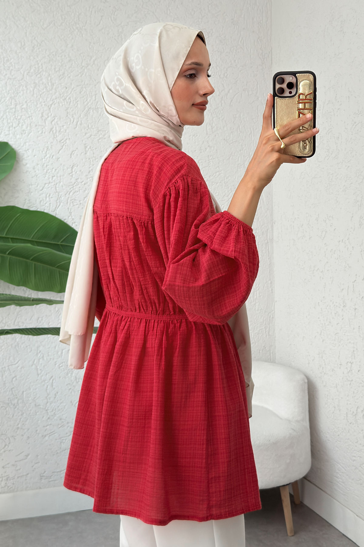 Ön Büzgülü Uzun Tunik 2338 - KIRMIZI |  