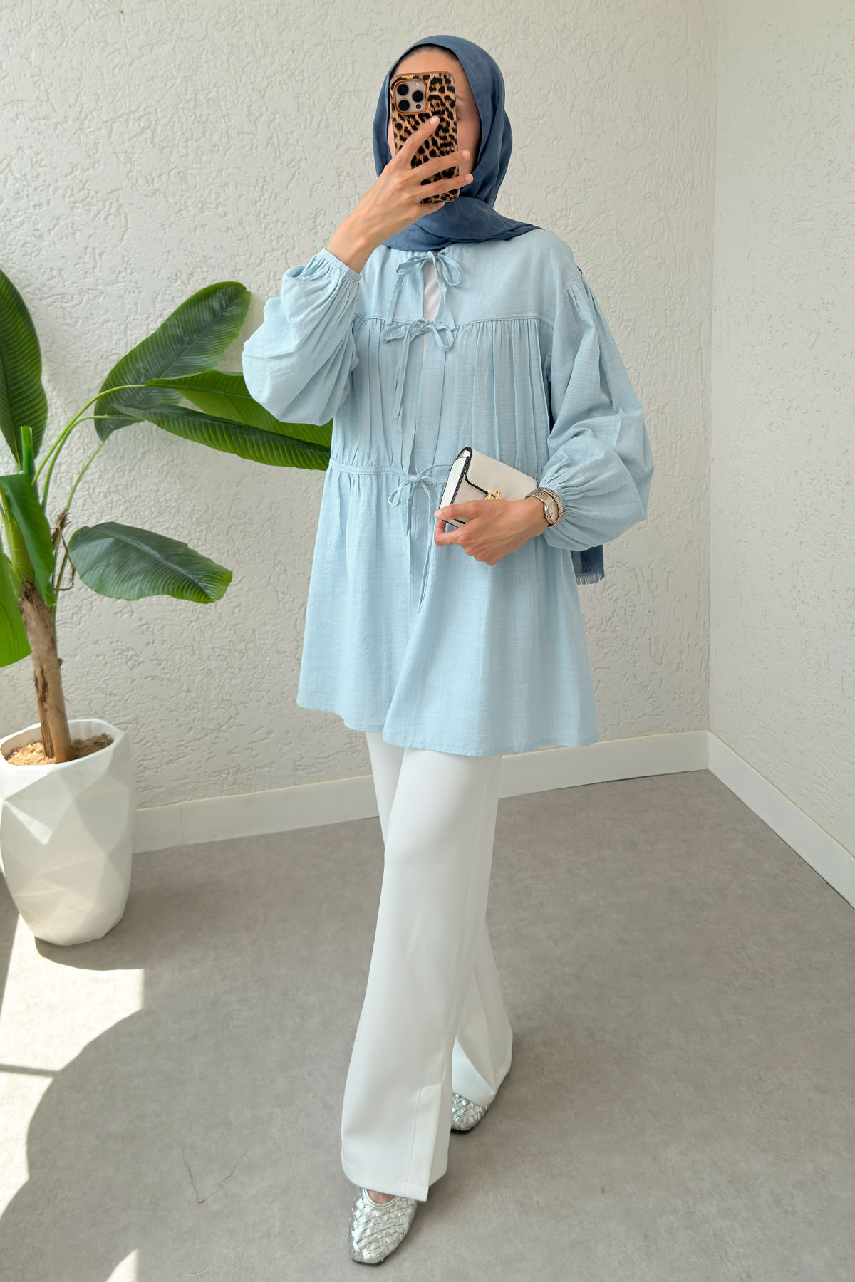 Ön Büzgülü Uzun Tunik 2338 - BEBE MAVİSİ |  