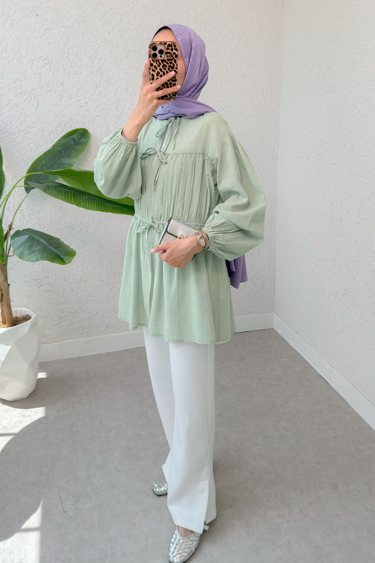 Ön Büzgülü Uzun Tunik 2338 - MİNT YEŞİLİ |  