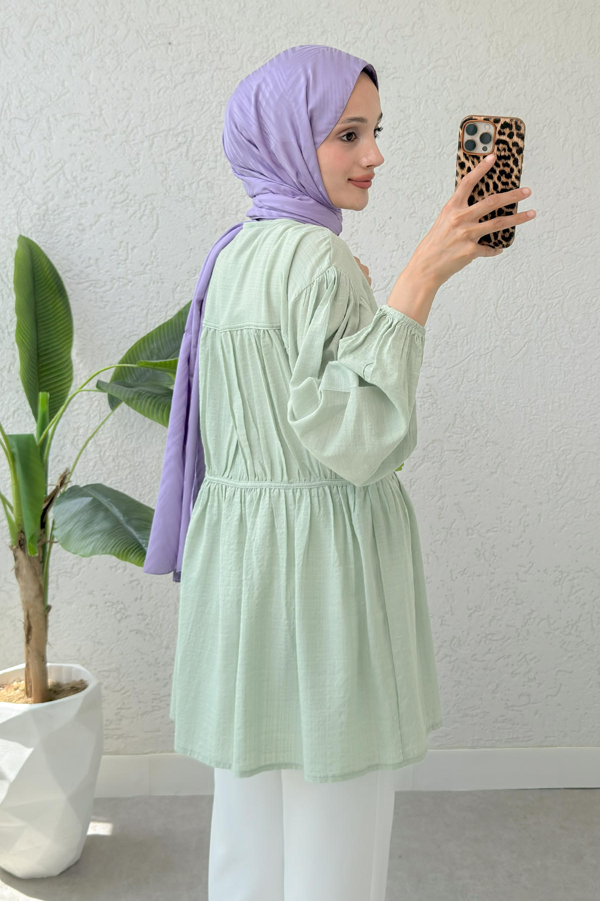 Ön Büzgülü Uzun Tunik 2338 - MİNT YEŞİLİ |  