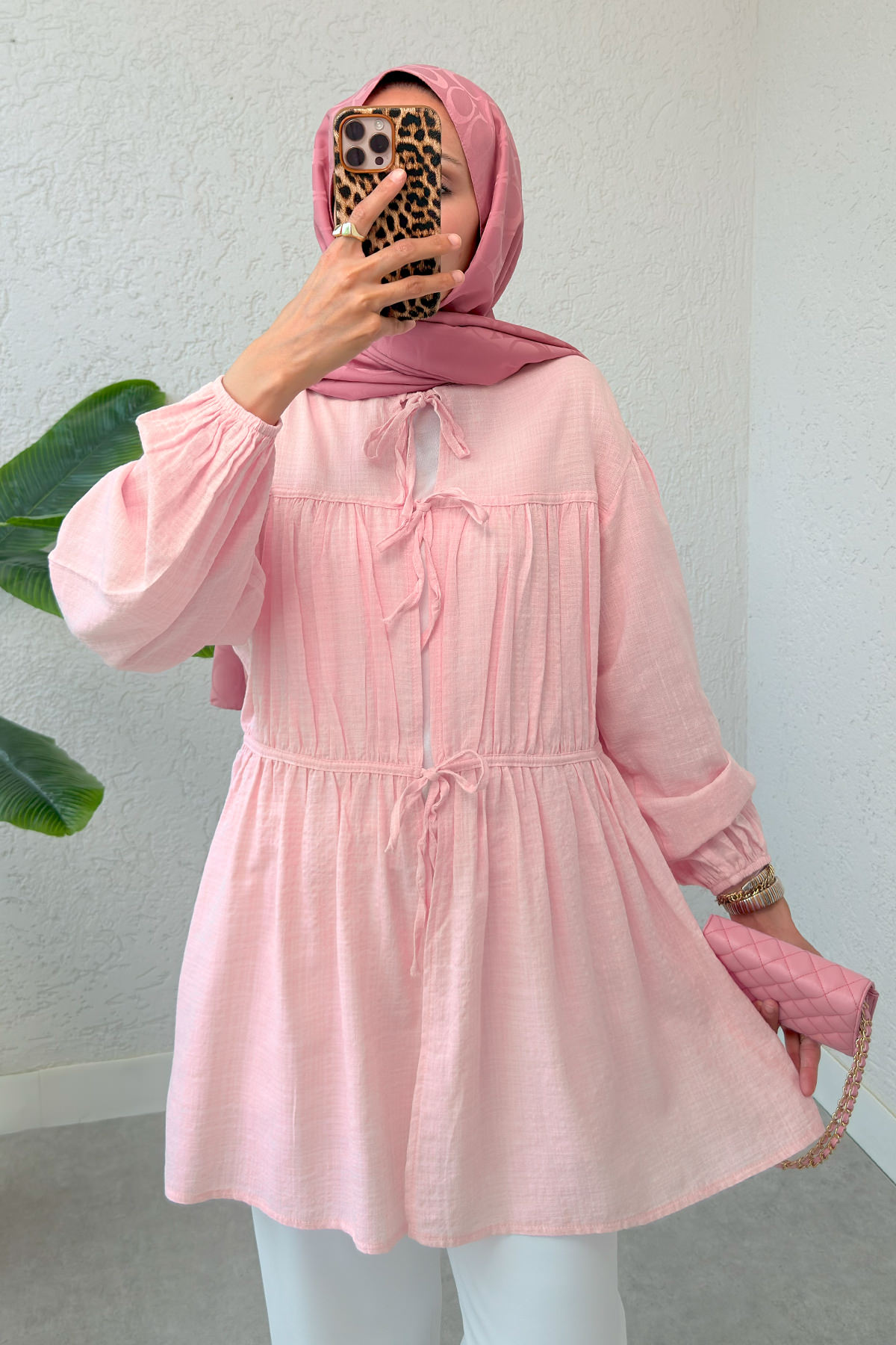 Ön Büzgülü Uzun Tunik 2338 - PEMBE |  