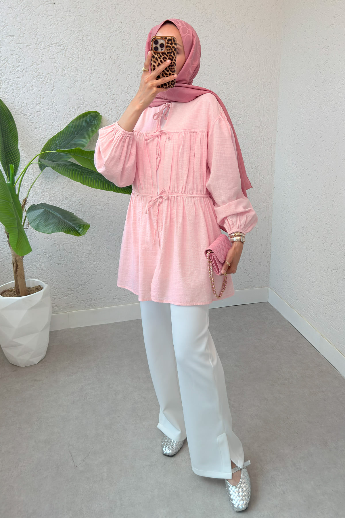 Ön Büzgülü Uzun Tunik 2338 - PEMBE |  