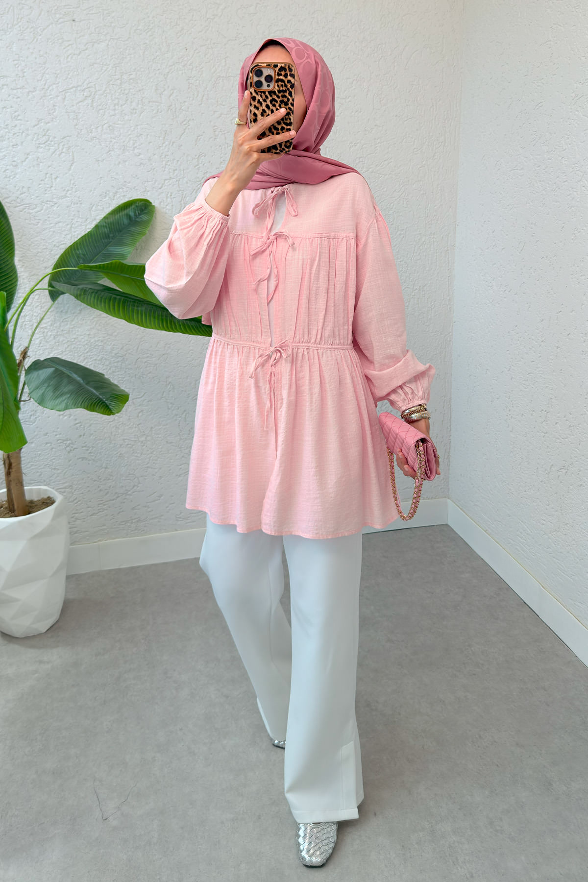 Ön Büzgülü Uzun Tunik 2338 - PEMBE |  