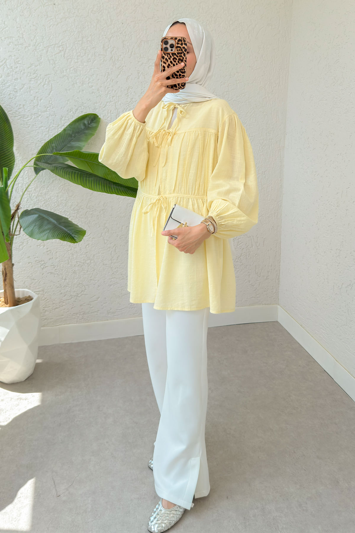 Ön Büzgülü Uzun Tunik 2338 - SARI |  