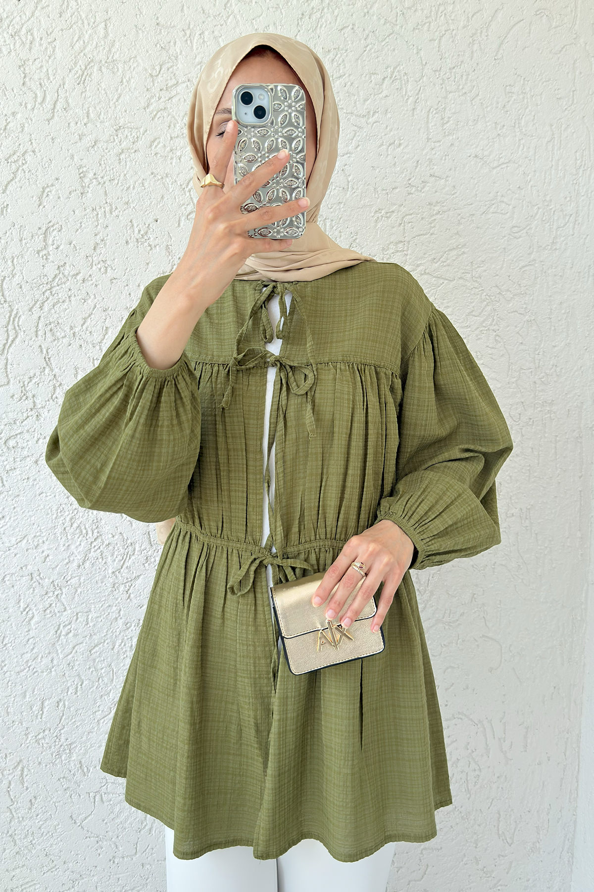 Ön Büzgülü Uzun Tunik 2338 - YAĞ YEŞİLİ |  