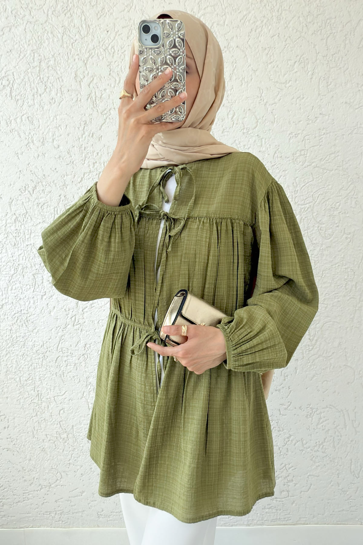 Ön Büzgülü Uzun Tunik 2338 - YAĞ YEŞİLİ |  