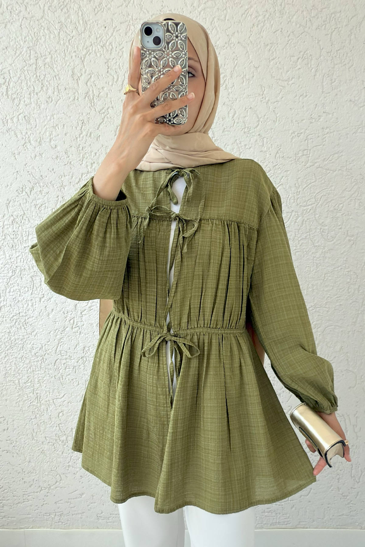 Ön Büzgülü Uzun Tunik 2338 - YAĞ YEŞİLİ |  