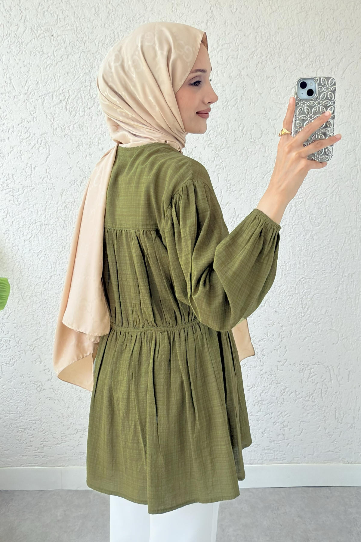 Ön Büzgülü Uzun Tunik 2338 - YAĞ YEŞİLİ |  