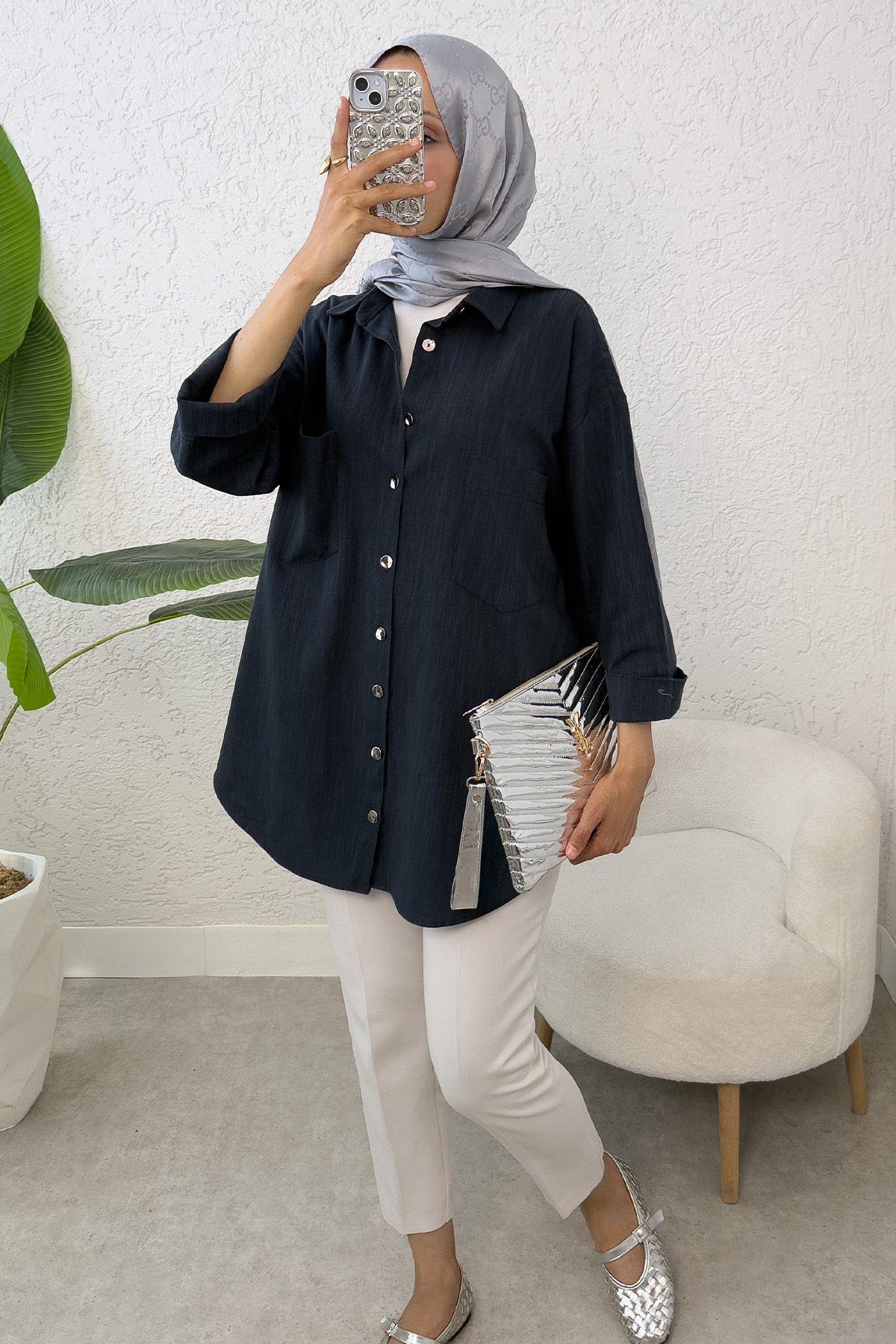 Kimono Kol Cepli Gömlek 2344 - LACİVERT |  