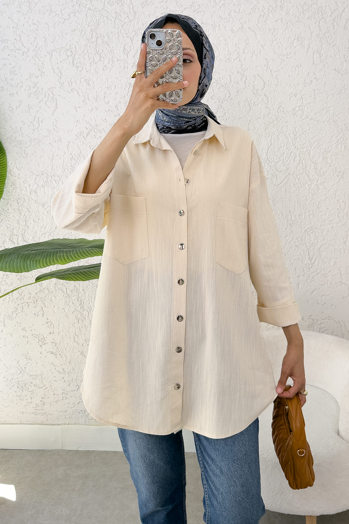 Kimono Kol Cepli Gömlek 2344 - TAŞ RENGİ |  