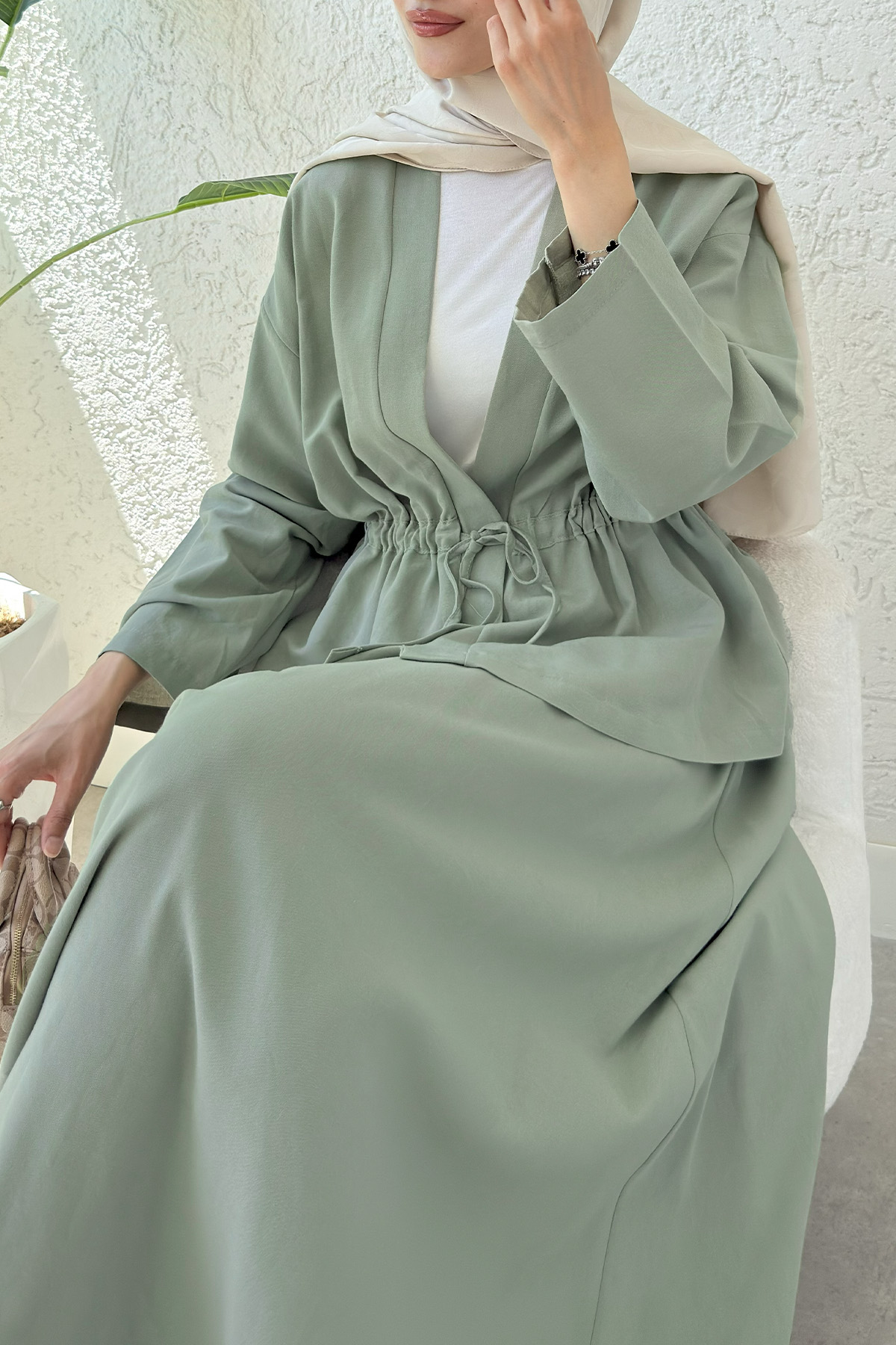 Bel Büzgülü Kimono Etek Takım 2354 - AÇIK HAKİ |  