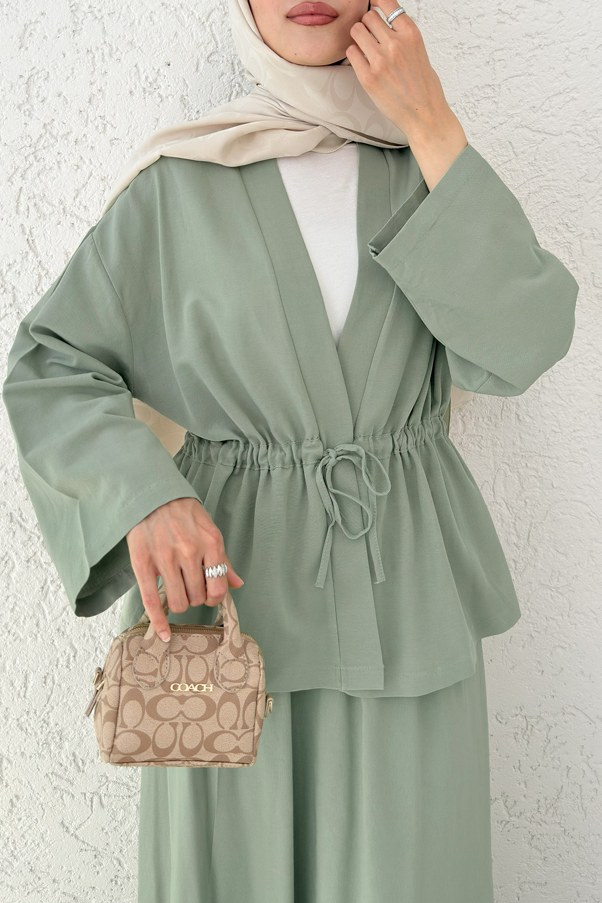 Bel Büzgülü Kimono Etek Takım 2354 - AÇIK HAKİ |  