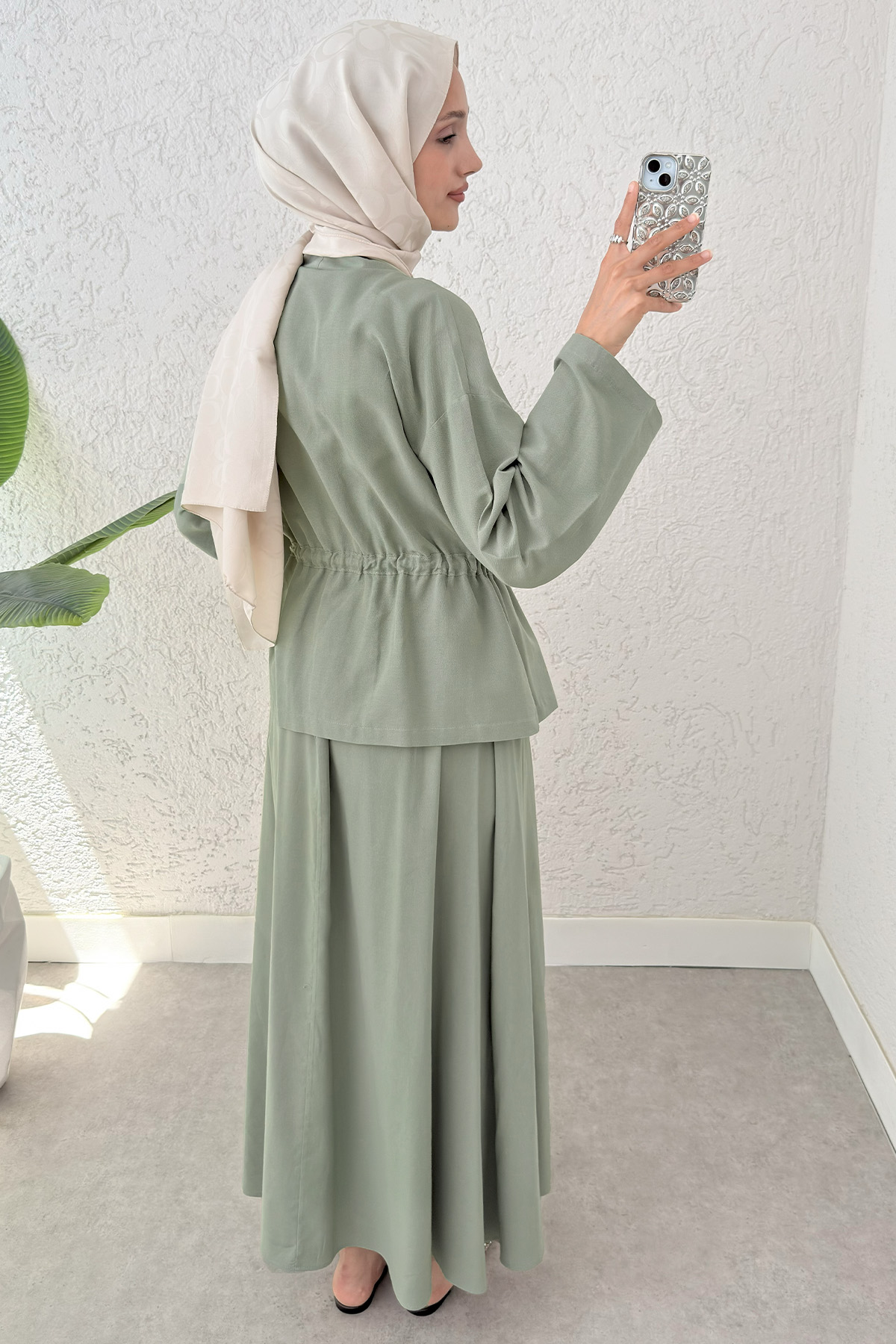 Bel Büzgülü Kimono Etek Takım 2354 - AÇIK HAKİ |  