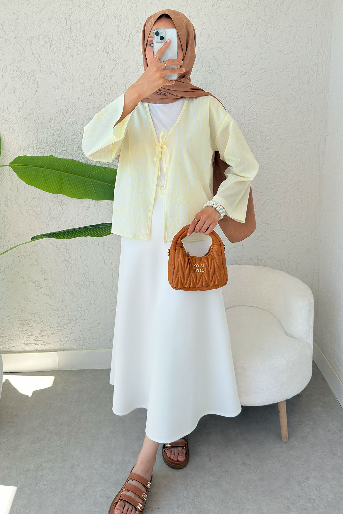 Çizgili İp Bağcıklı Kimono 2357 - SARI |  